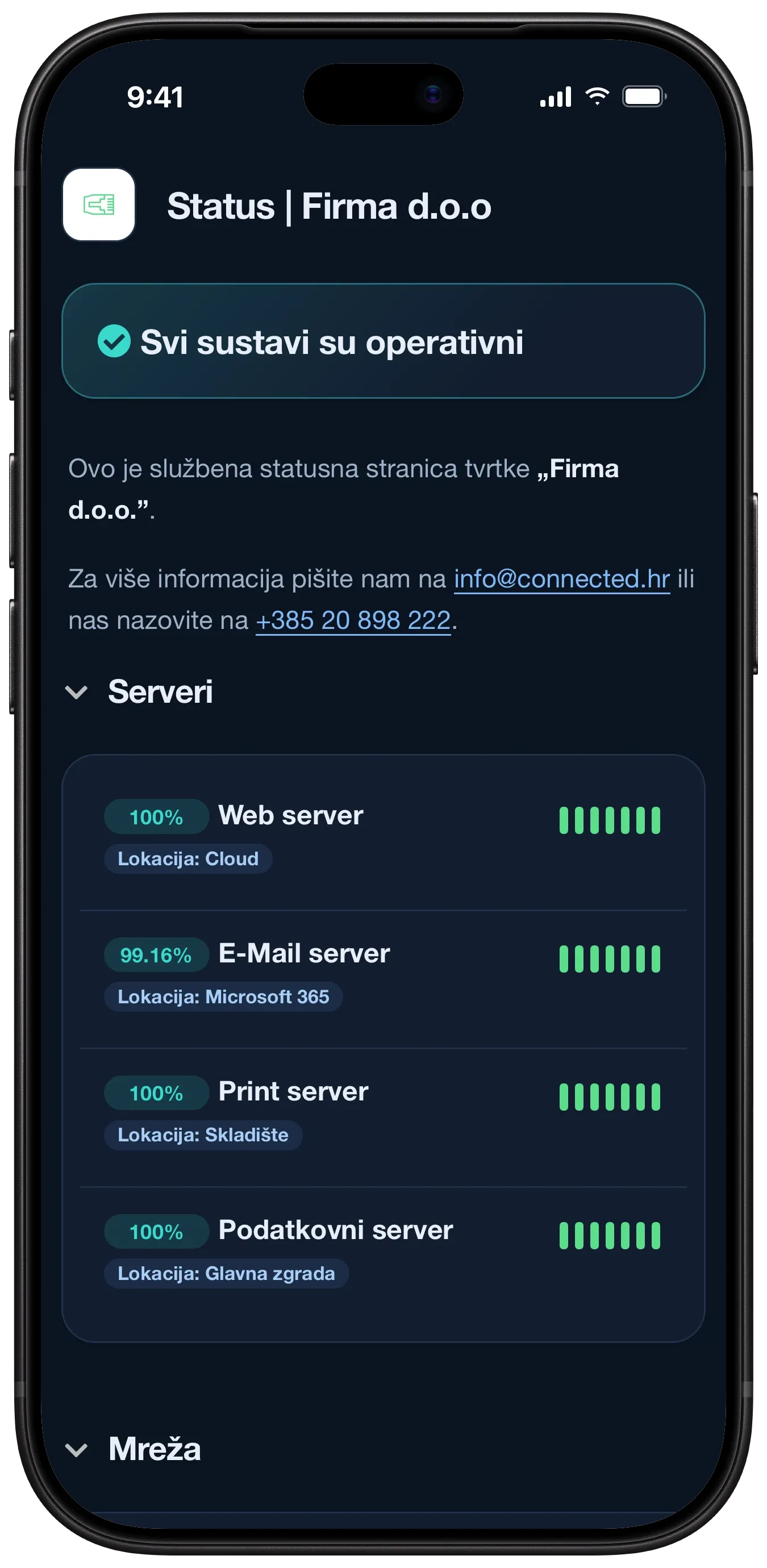 Connectedova statusna stranica na pametnom telefonu