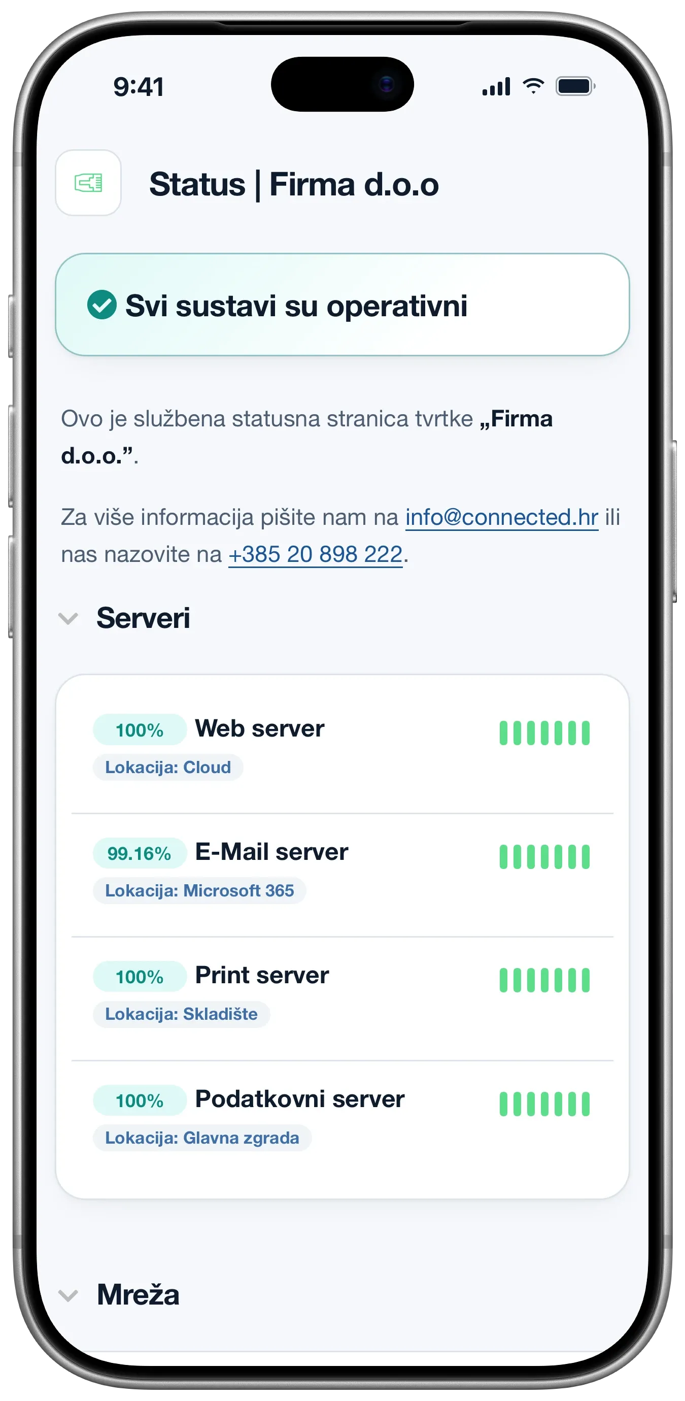 Connectedova statusna stranica na pametnom telefonu